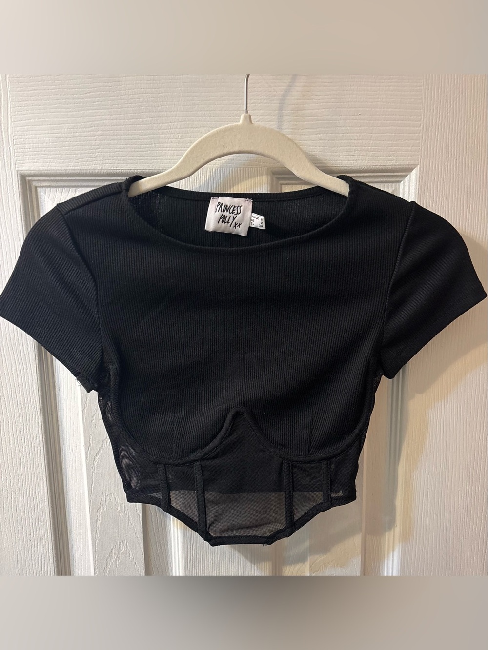 Princess Polly Black Ribbed Corset-Detail Crop Top